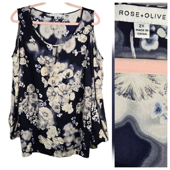 Rose & Olive Navy Floral Blouse Women's 2X Chiffon Cut-Out Long Sleeve Work Top - Picture 1 of 11